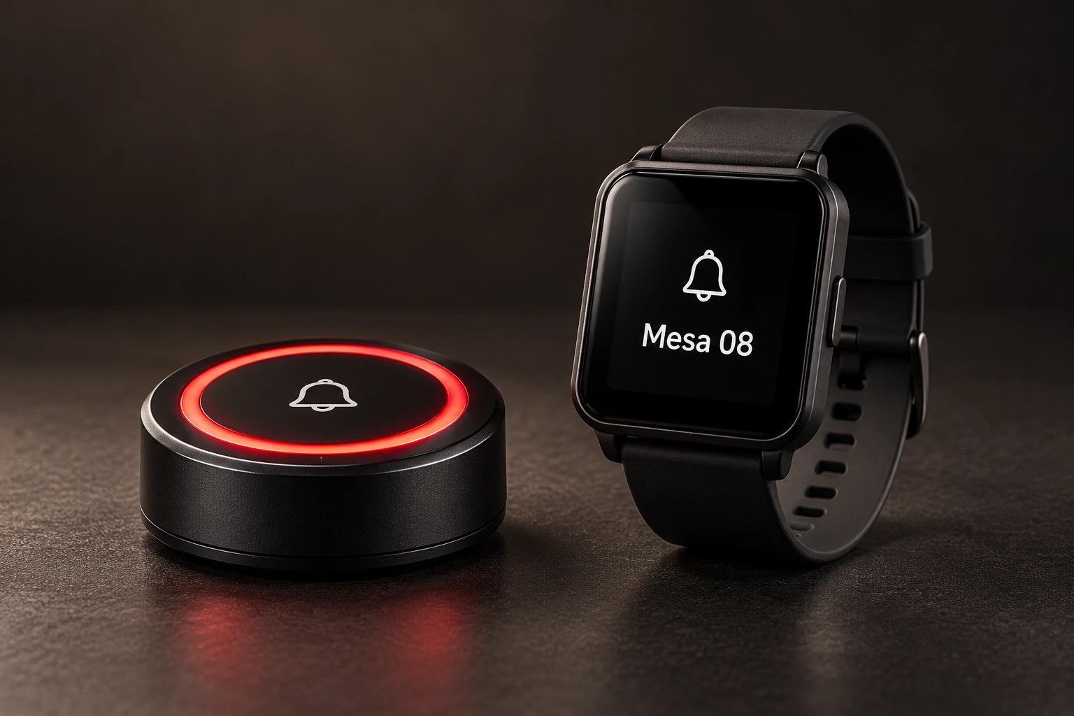 Ilustración del botón de llamado con aro rojo y reloj receptor mostrando Mesa 08